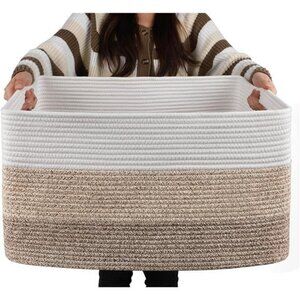 Large Woven Blanket Basket Cotton Rope Storage Bin with Handles for Living Room